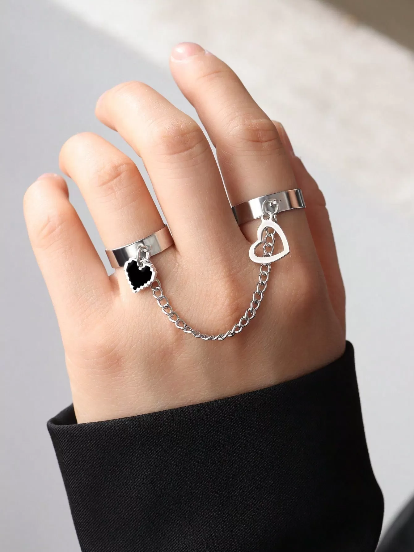 1pc Fashionable Punk Style Double Finger Love Heart Open Mitten Ring For Women