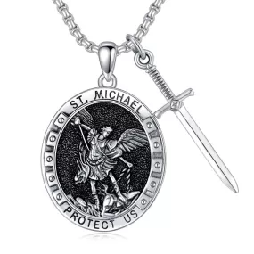 925 Sterling Silver St Michael Oval Round Medal Archangel Cross Necklace Christmas Gift for Men