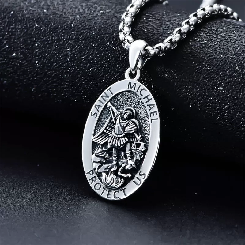 925 Sterling Silver St Michael Oval Round Medal Archangel Cross Necklace Christmas Gift for Men