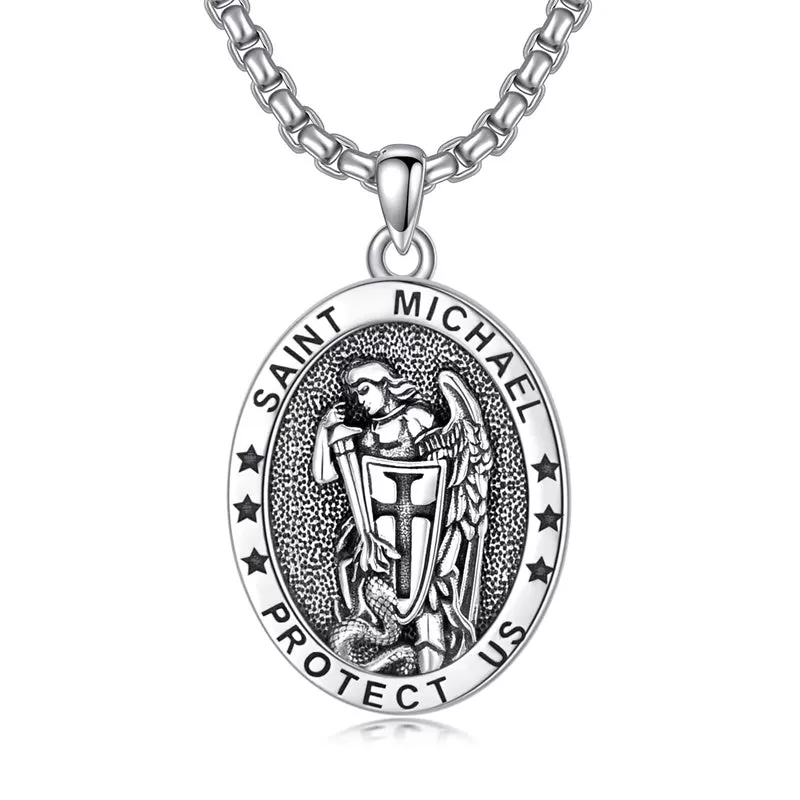 925 Sterling Silver St Michael Oval Round Medal Archangel Cross Necklace Christmas Gift for Men