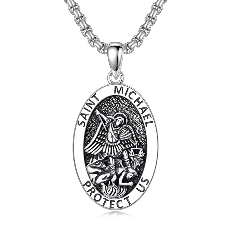 925 Sterling Silver St Michael Oval Round Medal Archangel Cross Necklace Christmas Gift for Men