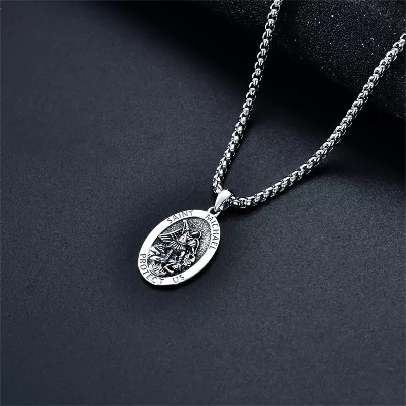 925 Sterling Silver St Michael Oval Round Medal Archangel Cross Necklace Christmas Gift for Men