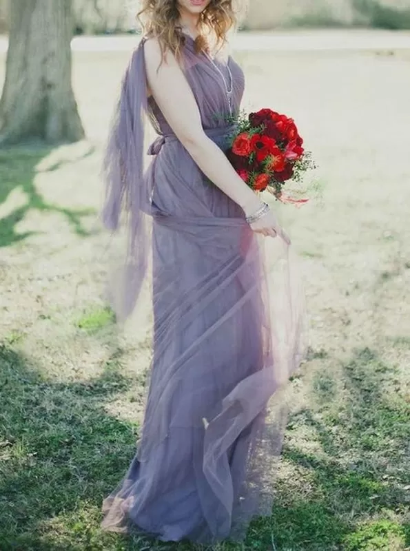 A-Line One-Shoulder Pleated Lilac Tulle Bridesmaid Dress