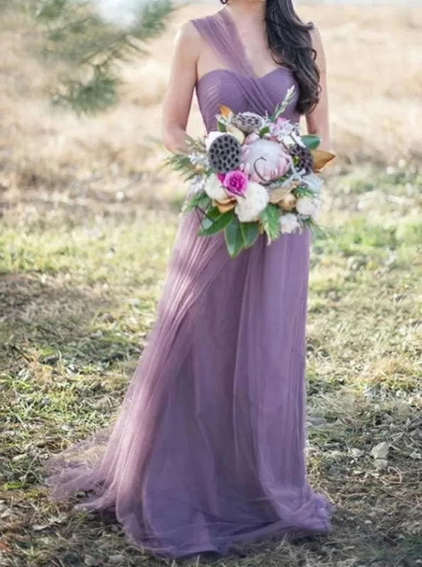 A-Line One-Shoulder Pleated Lilac Tulle Bridesmaid Dress