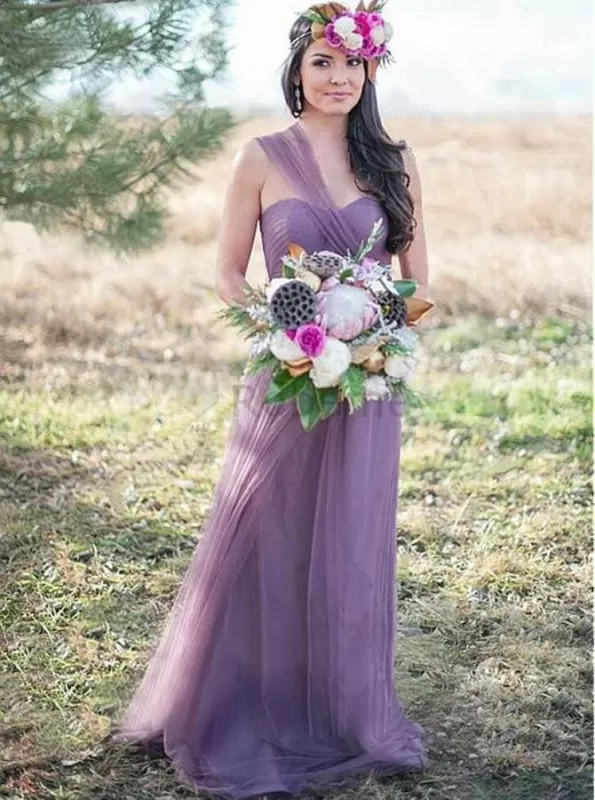 A-Line One-Shoulder Pleated Lilac Tulle Bridesmaid Dress