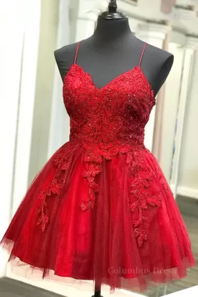 A Line V Neck Backless Lace Red Short Prom Dress Homecoming Dress, Backless Red Lace Formal Graduation Evening Dress