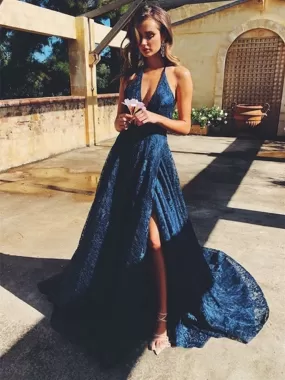 A Line V Neck Navy Blue Lace Long Prom Dresses with High Slit, Navy Blue Lace Formal Graduation Evening Dresses SP2154