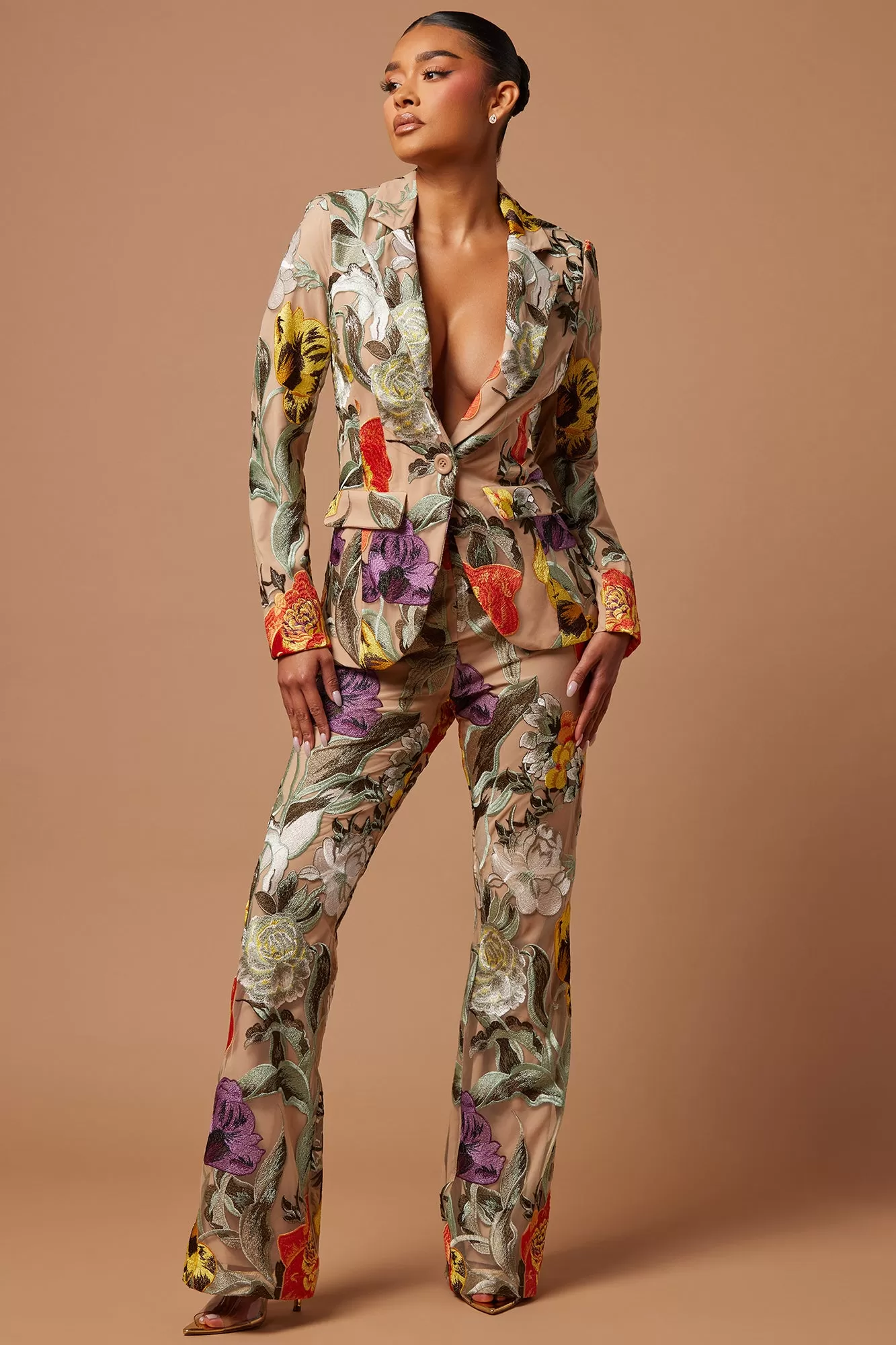 Adaila Floral Embroidered Blazer - Nude/combo