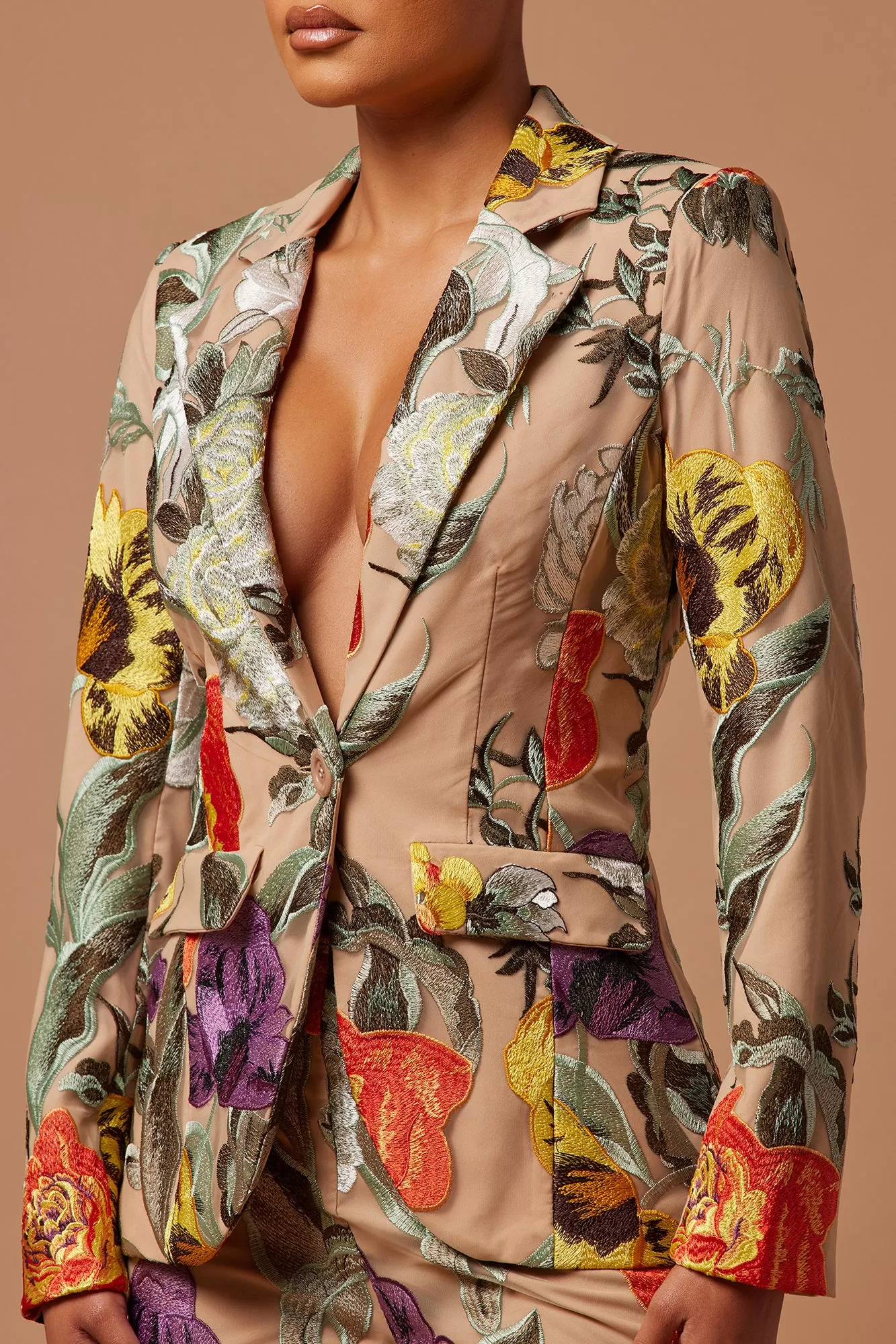 Adaila Floral Embroidered Blazer - Nude/combo