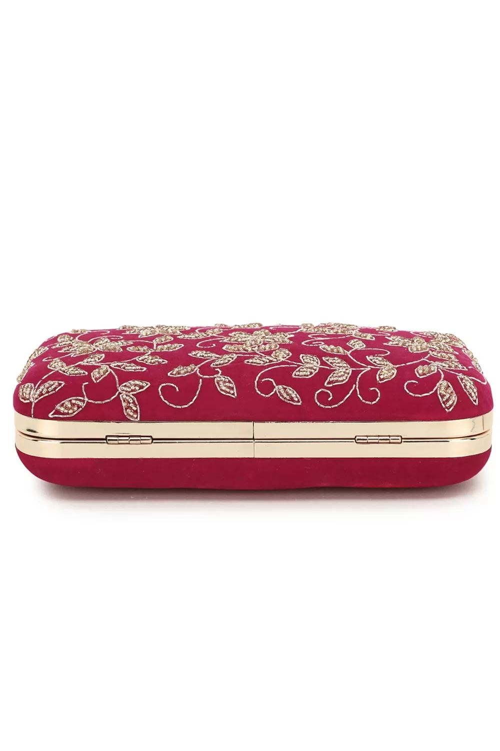 Adorn Magenta & Gold Botanical Embellished Velvet Clutch