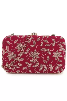 Adorn Magenta & Gold Botanical Embellished Velvet Clutch