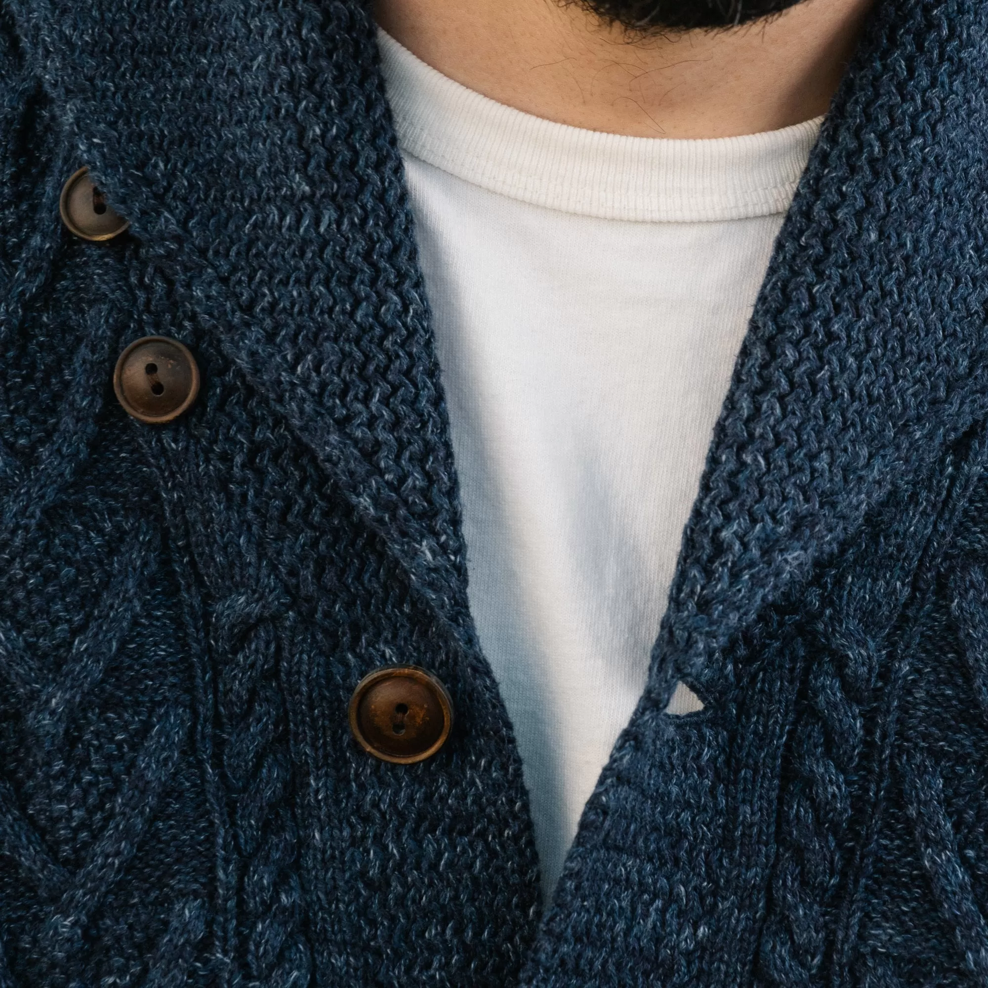 Aran-Knit Cotton Cardigan Navy Heather