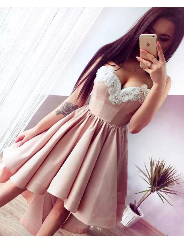 Asymmetrical Pink Homecoming Dress Lace Cheap Party Homecoming Dress ER110