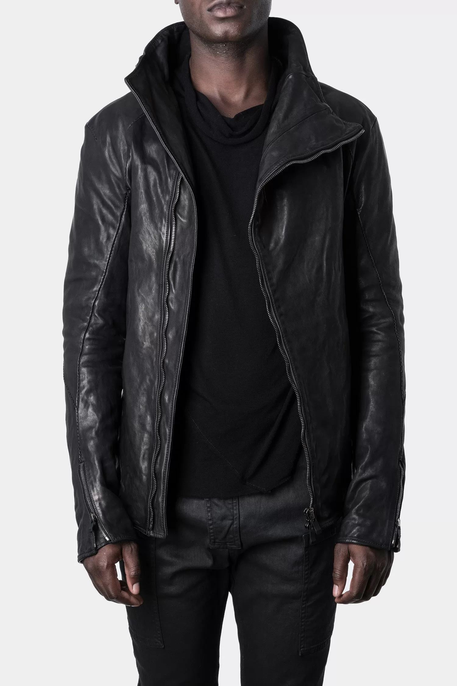 Asymmetrical zip high neck leather jacket