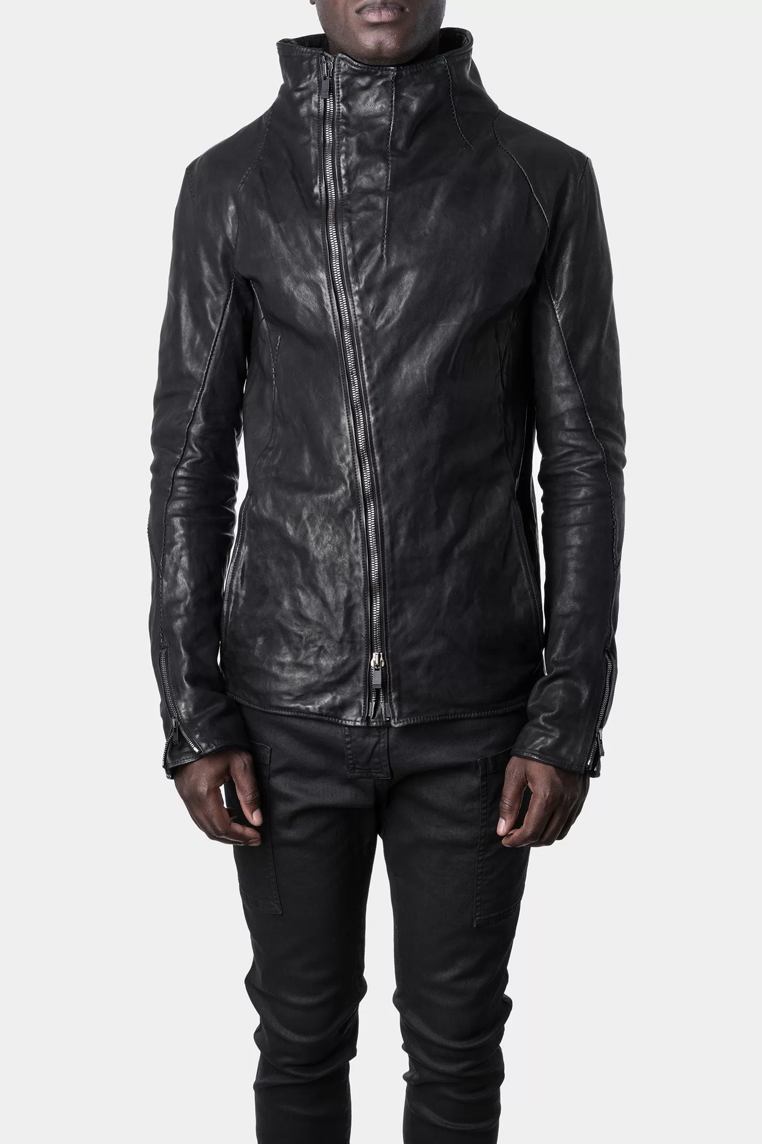 Asymmetrical zip high neck leather jacket