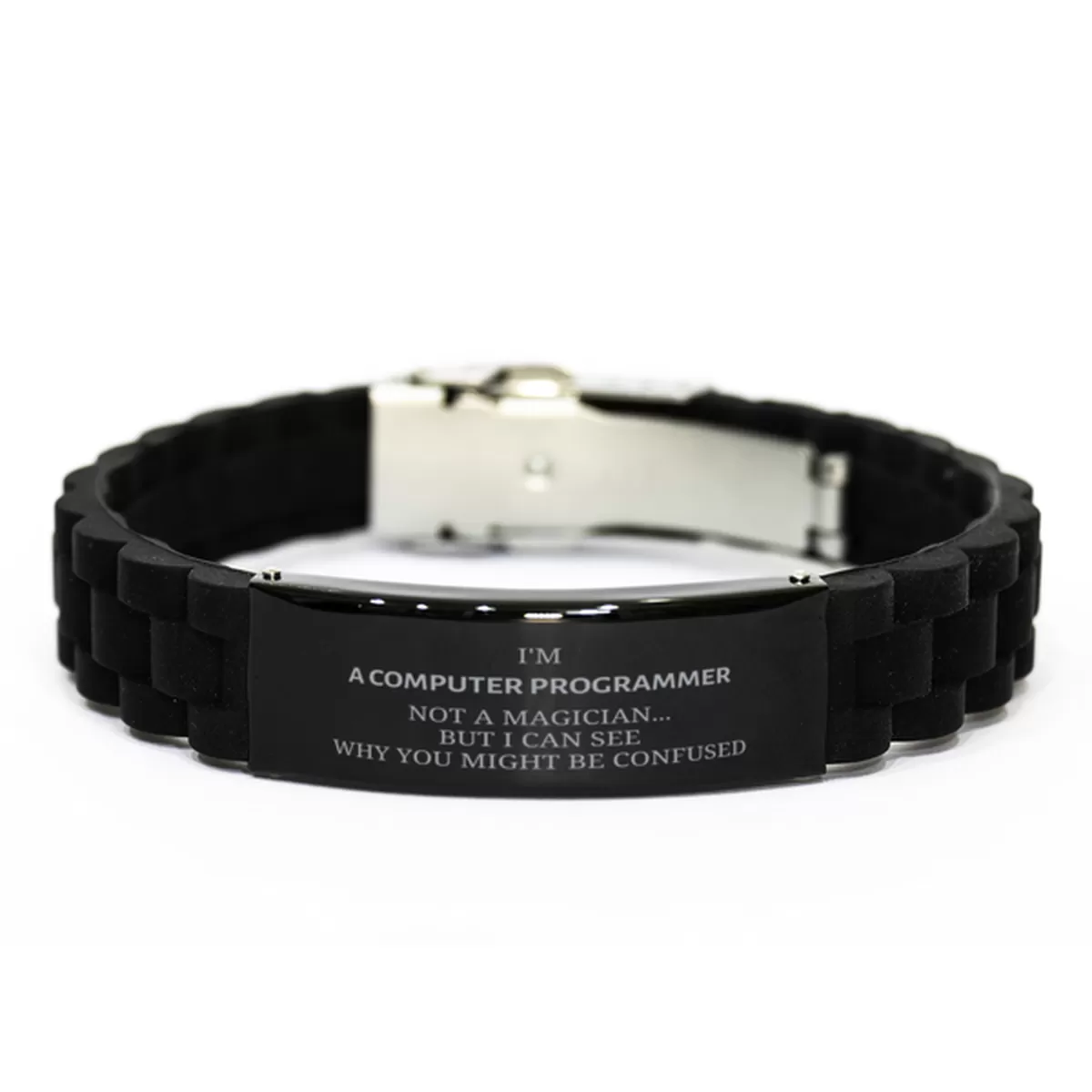 Badass Computer Programmer Gifts, I'm Computer Programmer not a magician, Sarcastic Black Glidelock Clasp Bracelet for Computer Programmer Birthday Christmas for  Men, Women, Friends, Coworkers