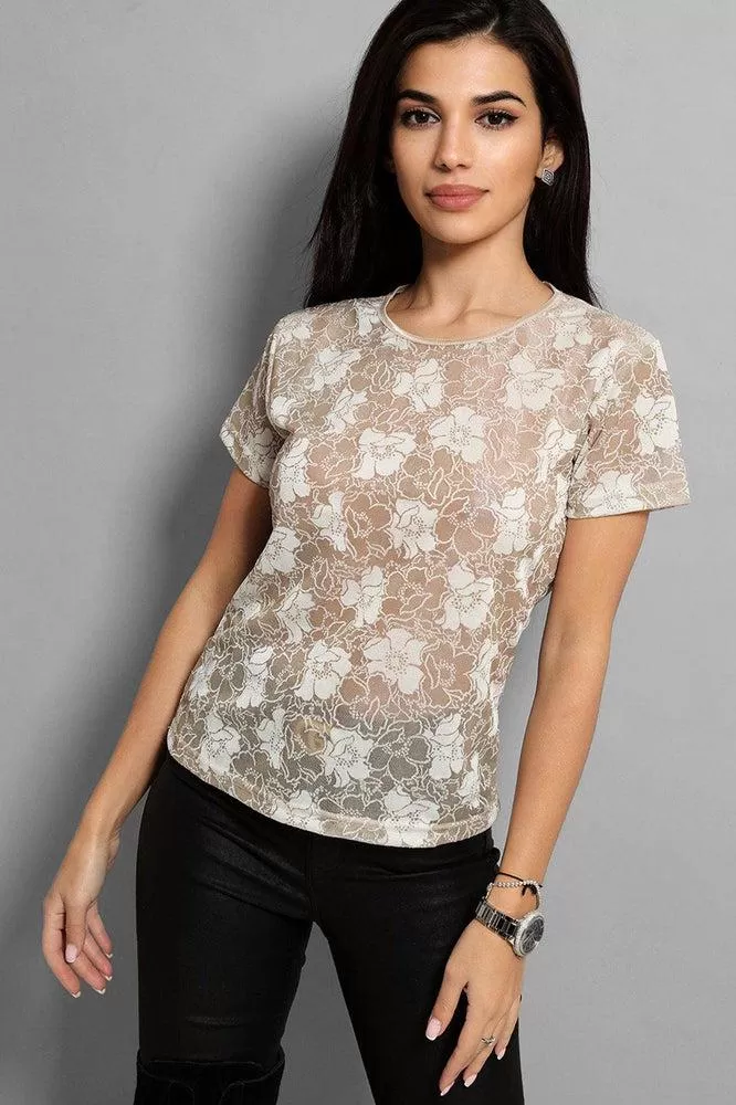 Beige Floral Print Semi Sheer Top