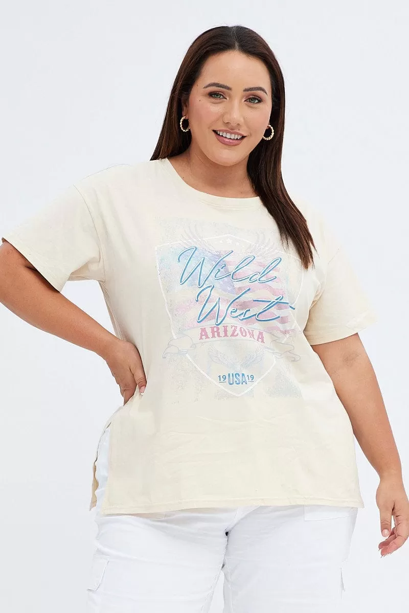 Beige Graphic T-Shirt Wild West Print Longline