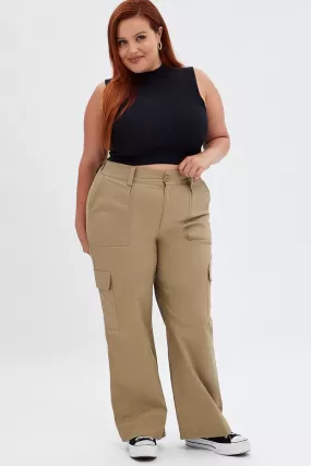 Beige Mid Rise Wide Leg Cargo Pants