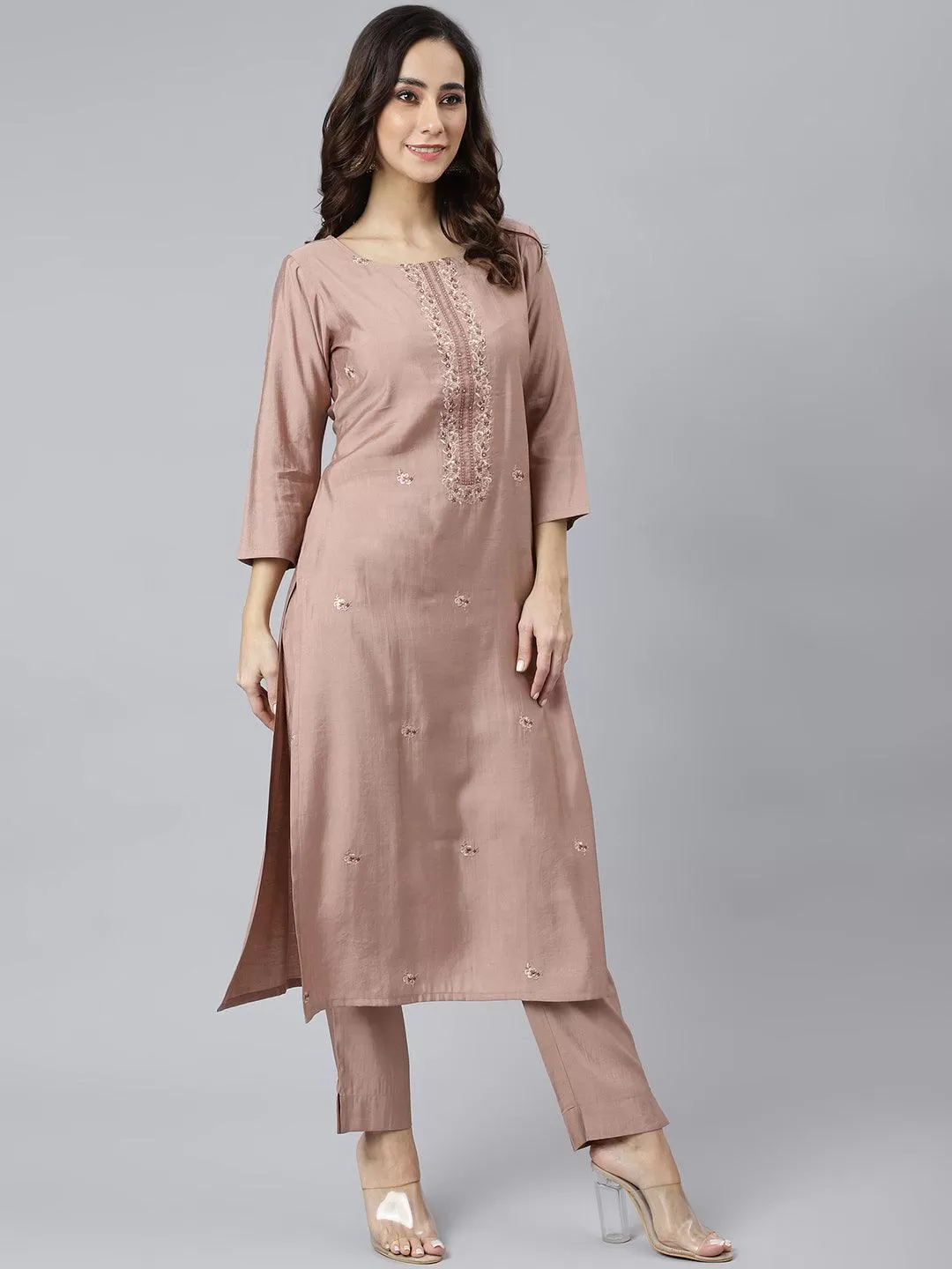 Beige Poly Silk Thread Work Kurta with Palazzo