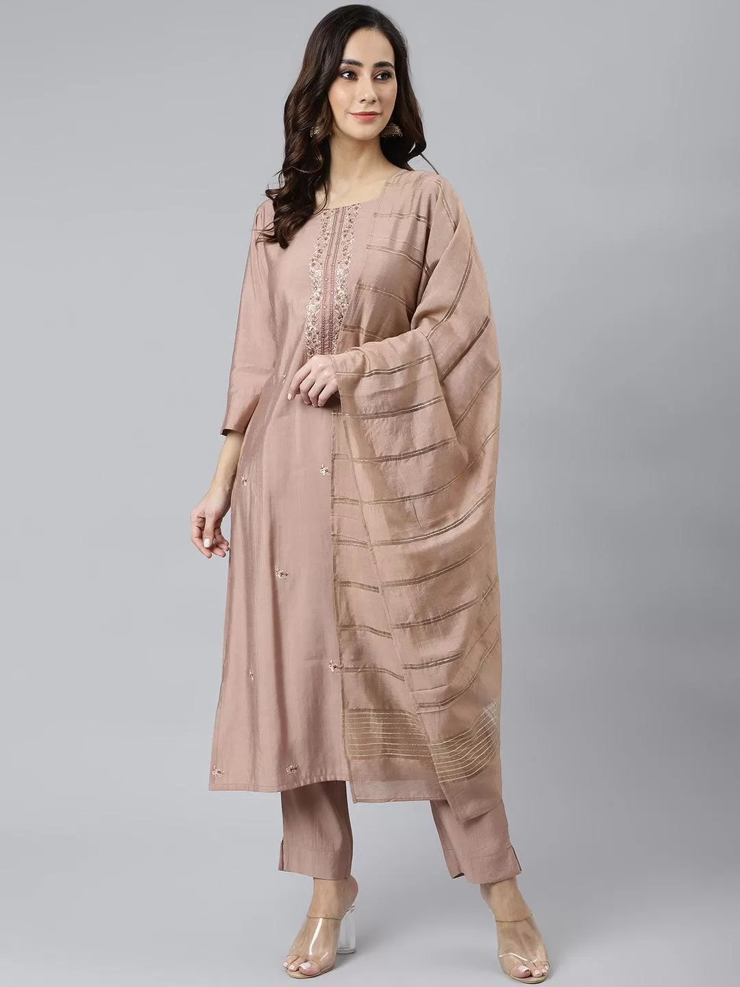 Beige Poly Silk Thread Work Kurta with Palazzo