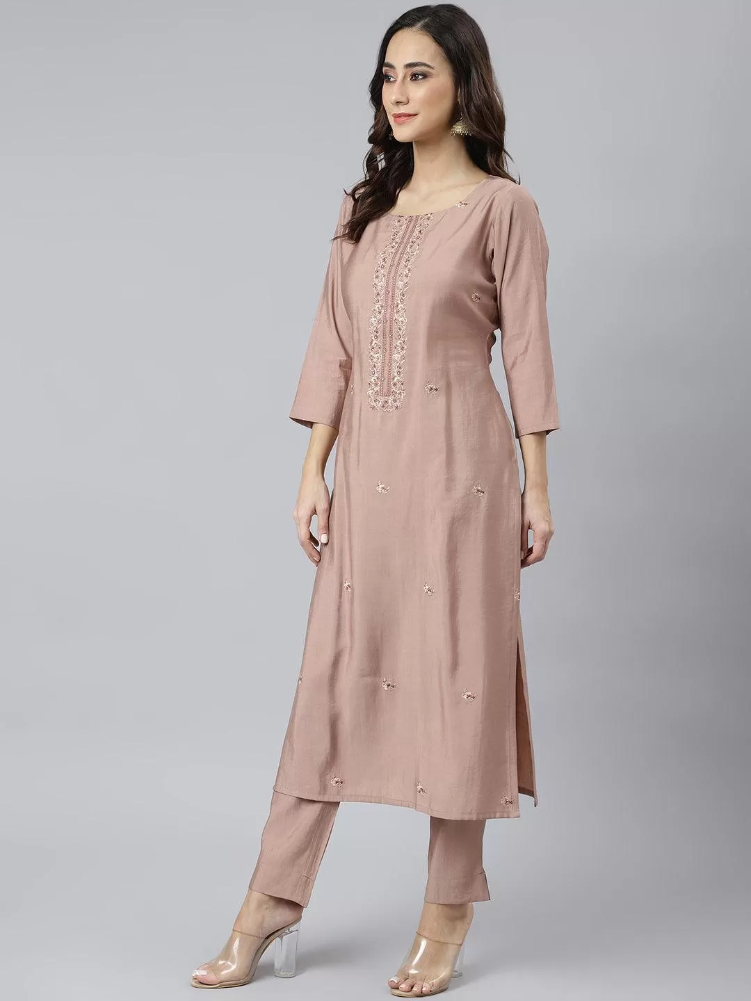 Beige Poly Silk Thread Work Kurta with Palazzo