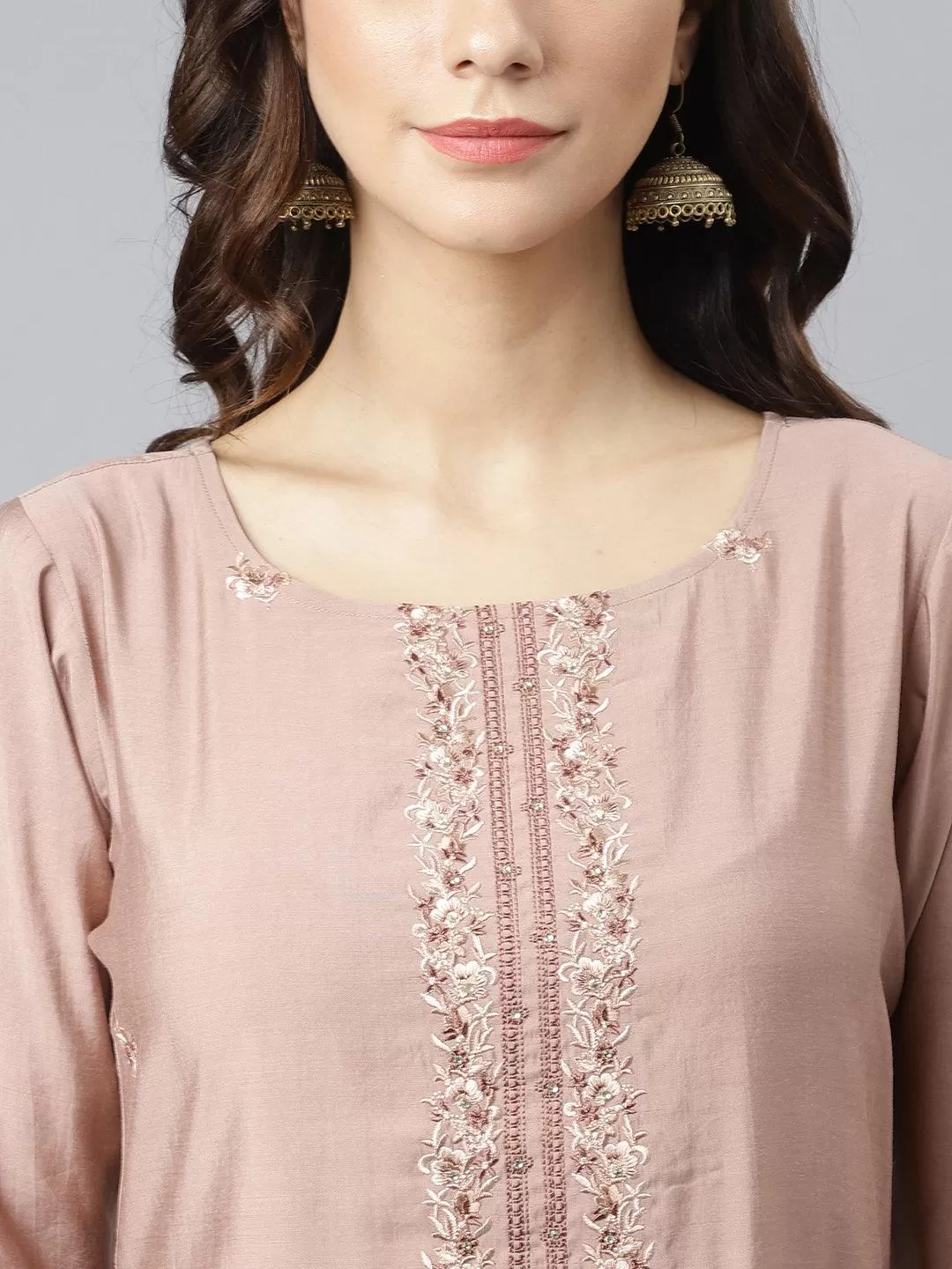 Beige Poly Silk Thread Work Kurta with Palazzo