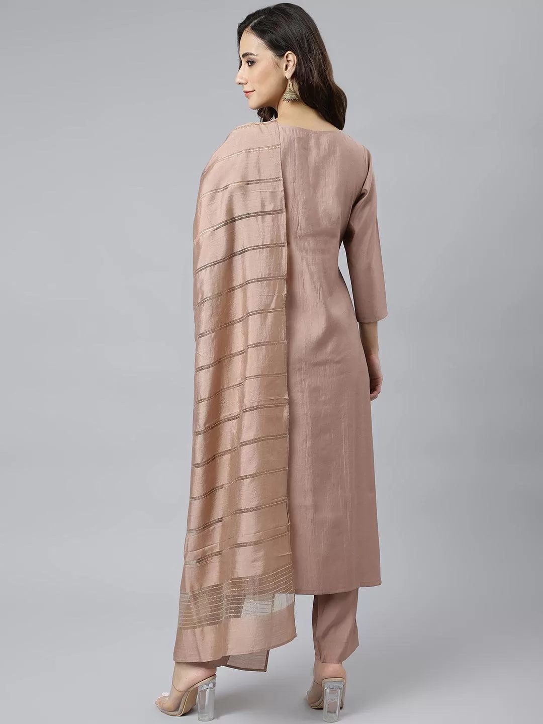 Beige Poly Silk Thread Work Kurta with Palazzo