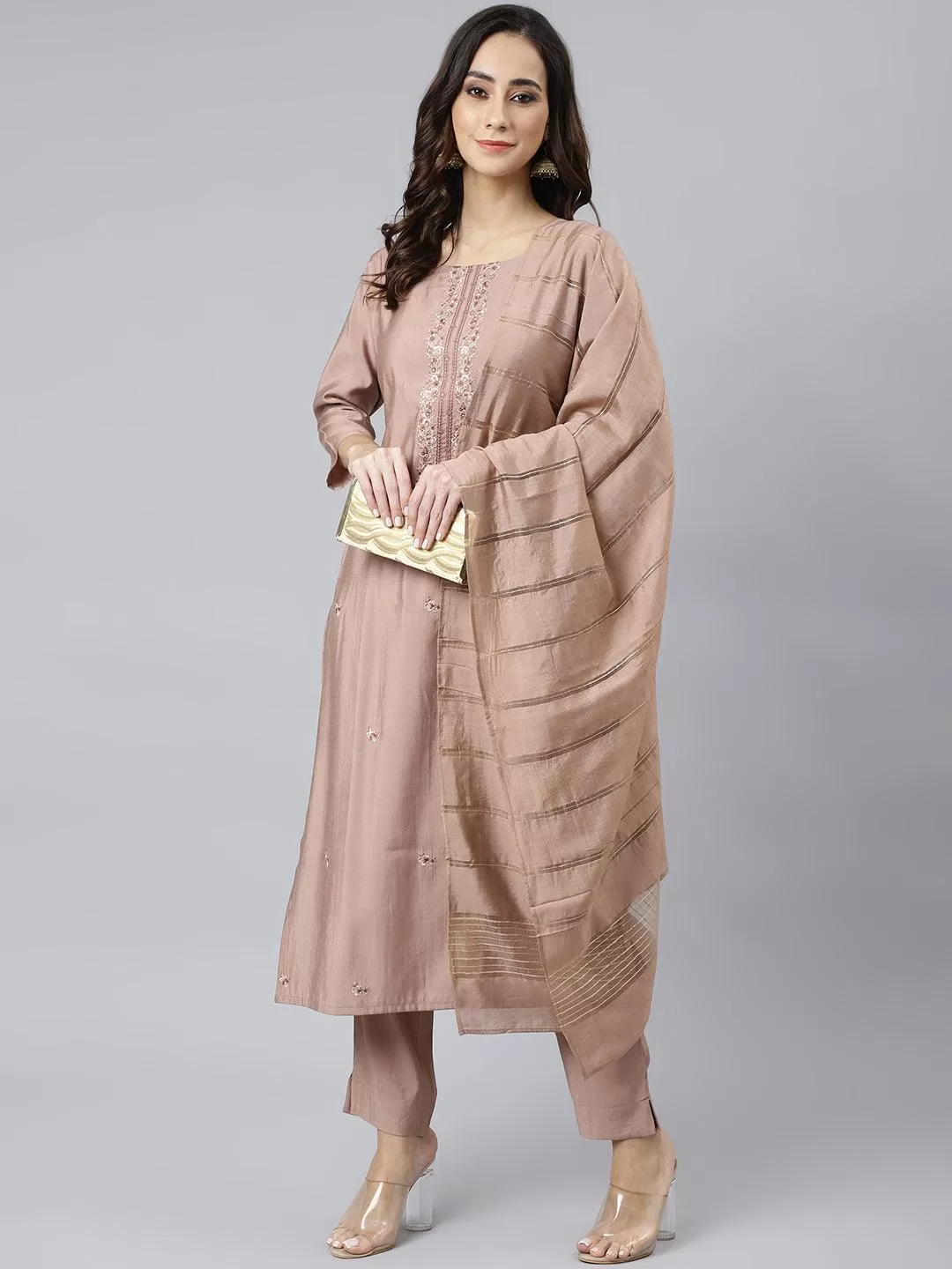 Beige Poly Silk Thread Work Kurta with Palazzo