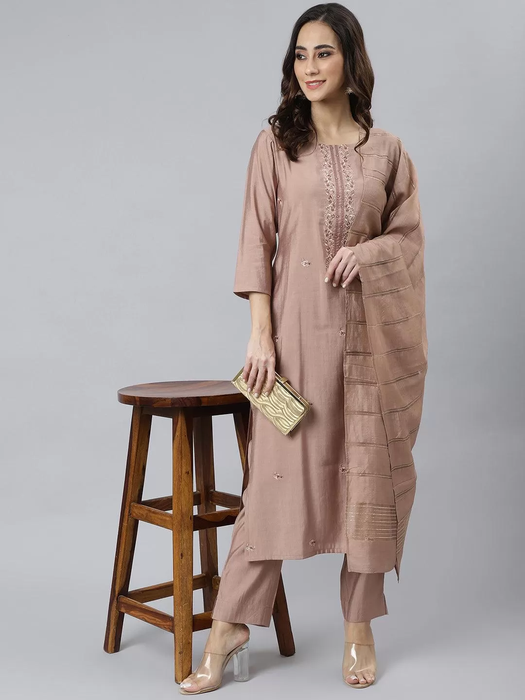 Beige Poly Silk Thread Work Kurta with Palazzo