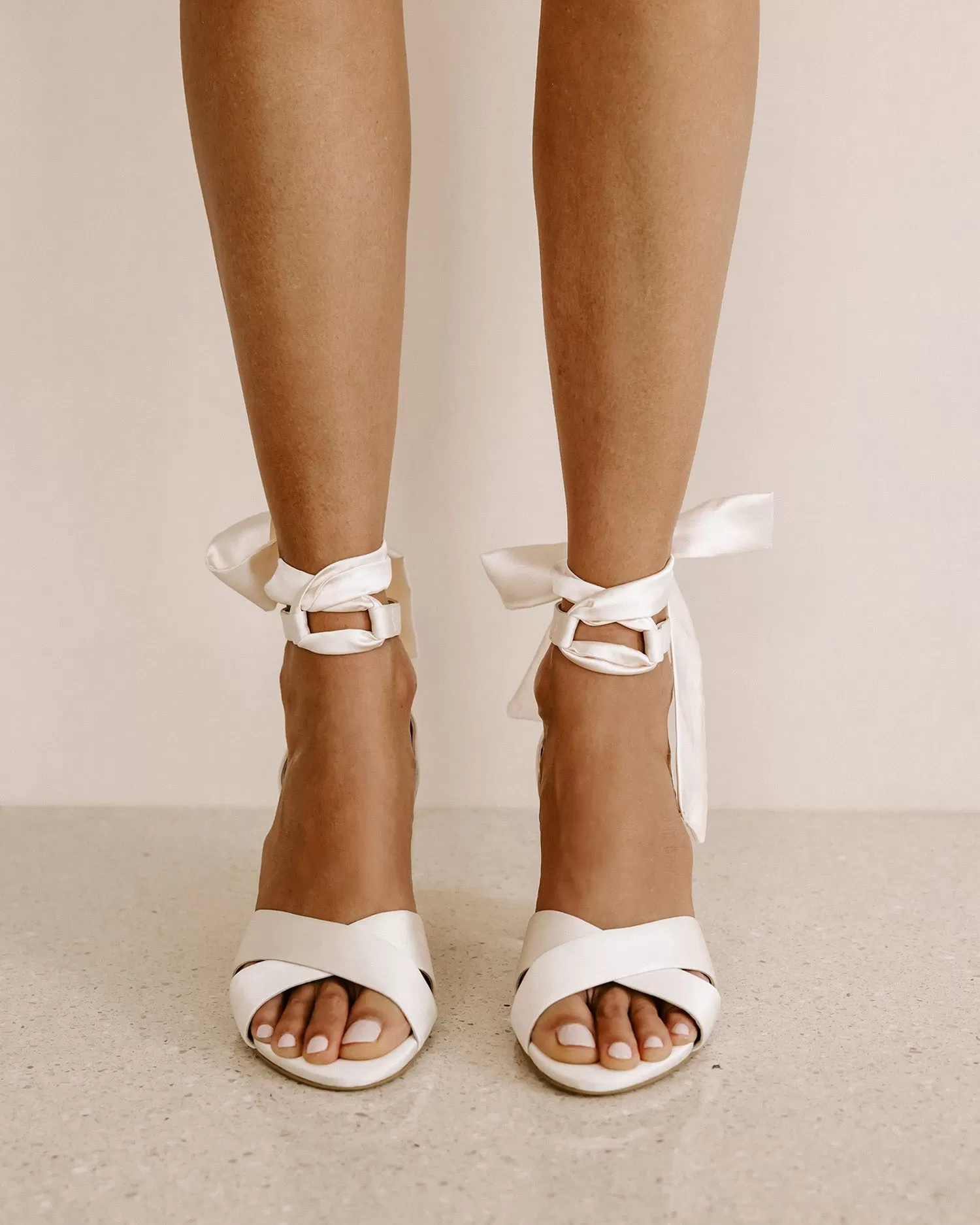 BELOVED - IVORY SATIN BRIDAL HEELS ANKLE BOW - FINAL SALE