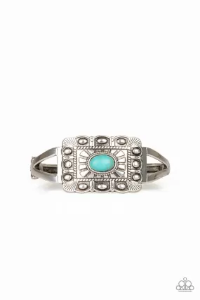 BIG House On The Prairie Silver and Turquoise Blue Stone Hinged Bracelet - Paparazzi Accessories