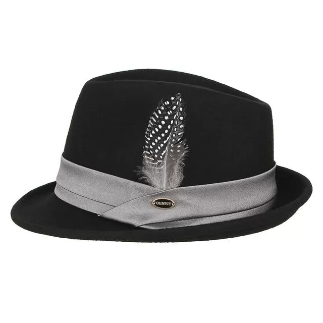 Black Wool Fedora Trilby Hat with White-spotted Black Feather in Hatband