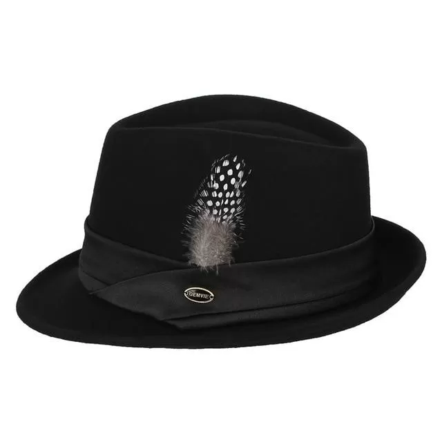 Black Wool Fedora Trilby Hat with White-spotted Black Feather in Hatband