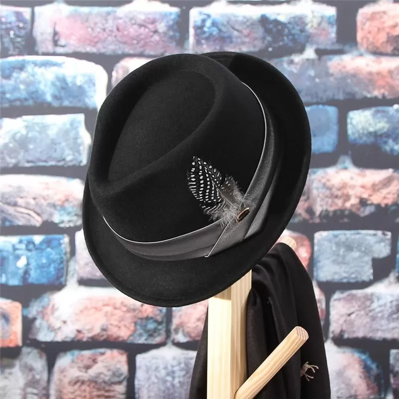 Black Wool Fedora Trilby Hat with White-spotted Black Feather in Hatband