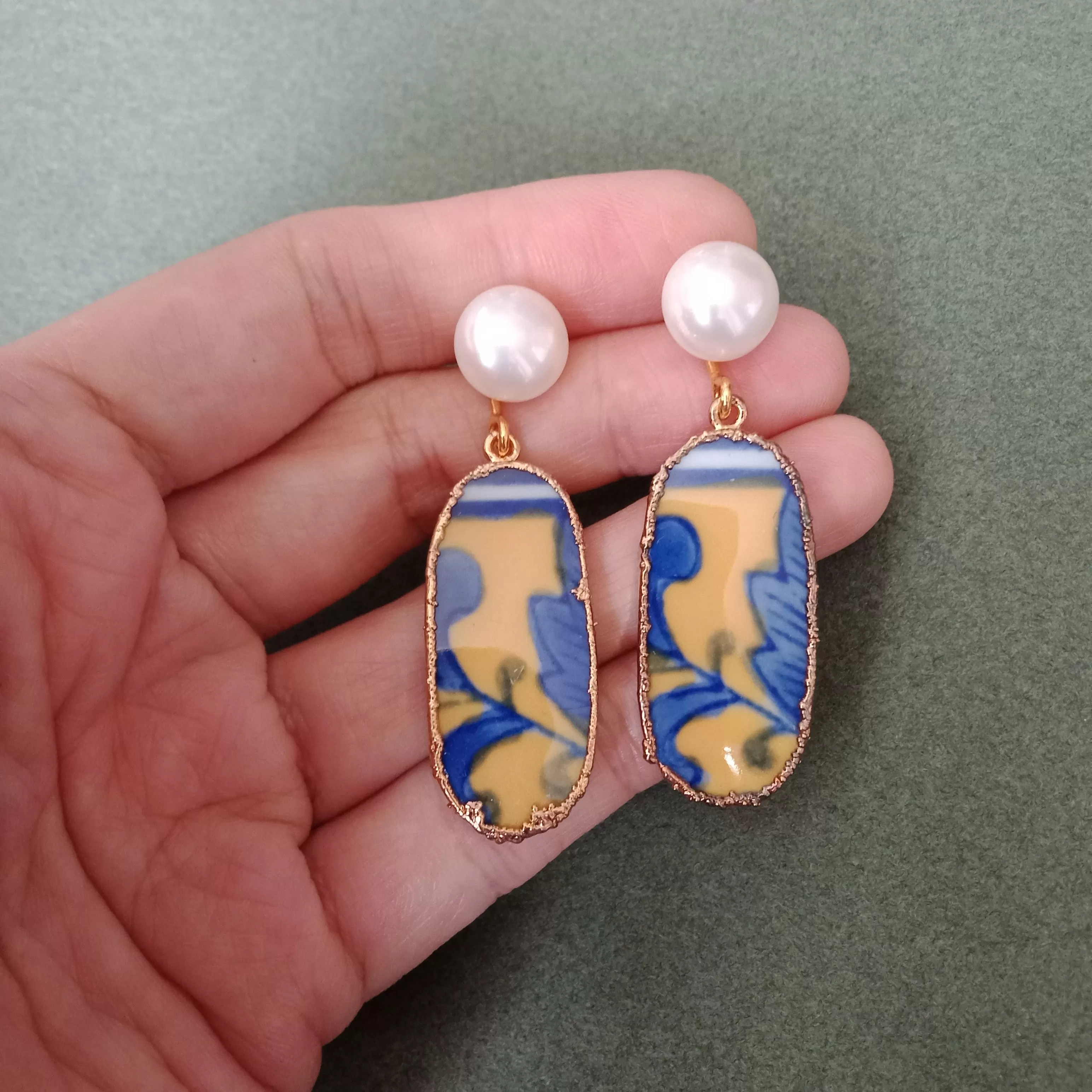 Blue and yellow foliage porcelain earrings