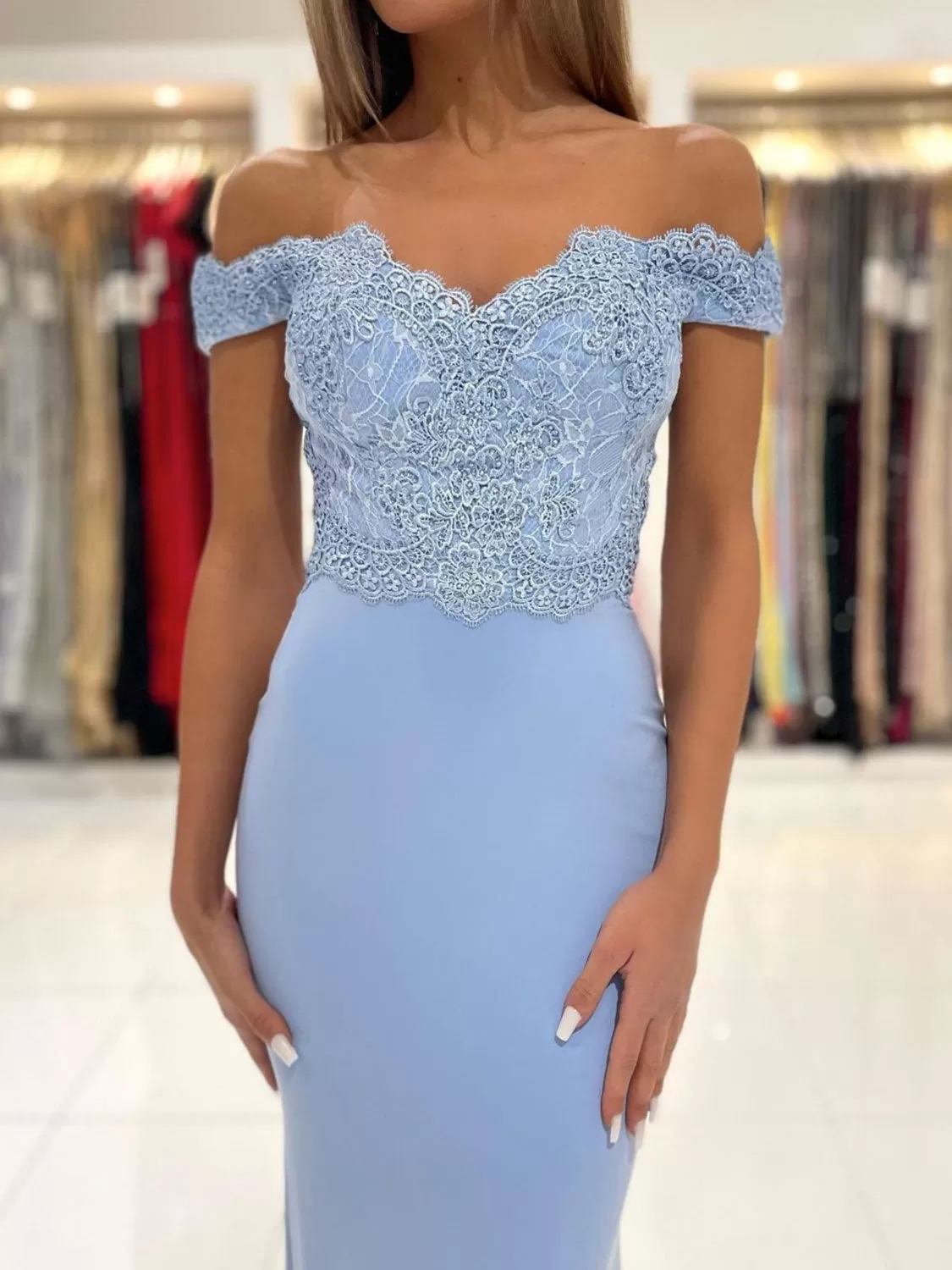 Blue chiffon lace mermaid long prom dress, blue lace evening dress