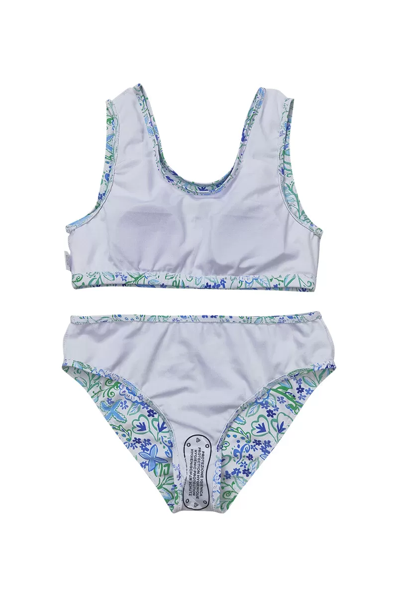 Blue floral print ruffle 2pc girl swimsuit