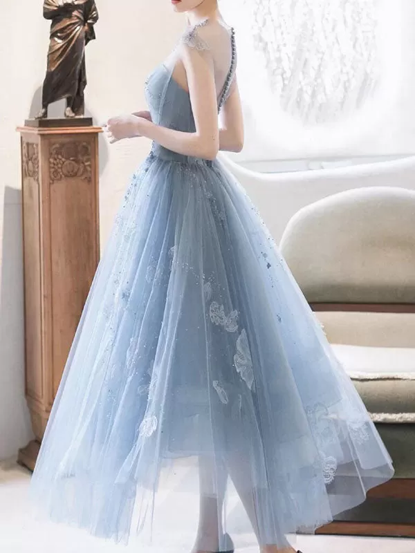 Blue round neck tulle lace short prom dress, blue homecoming dress