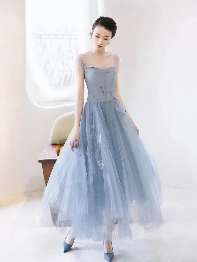 Blue round neck tulle lace short prom dress, blue homecoming dress