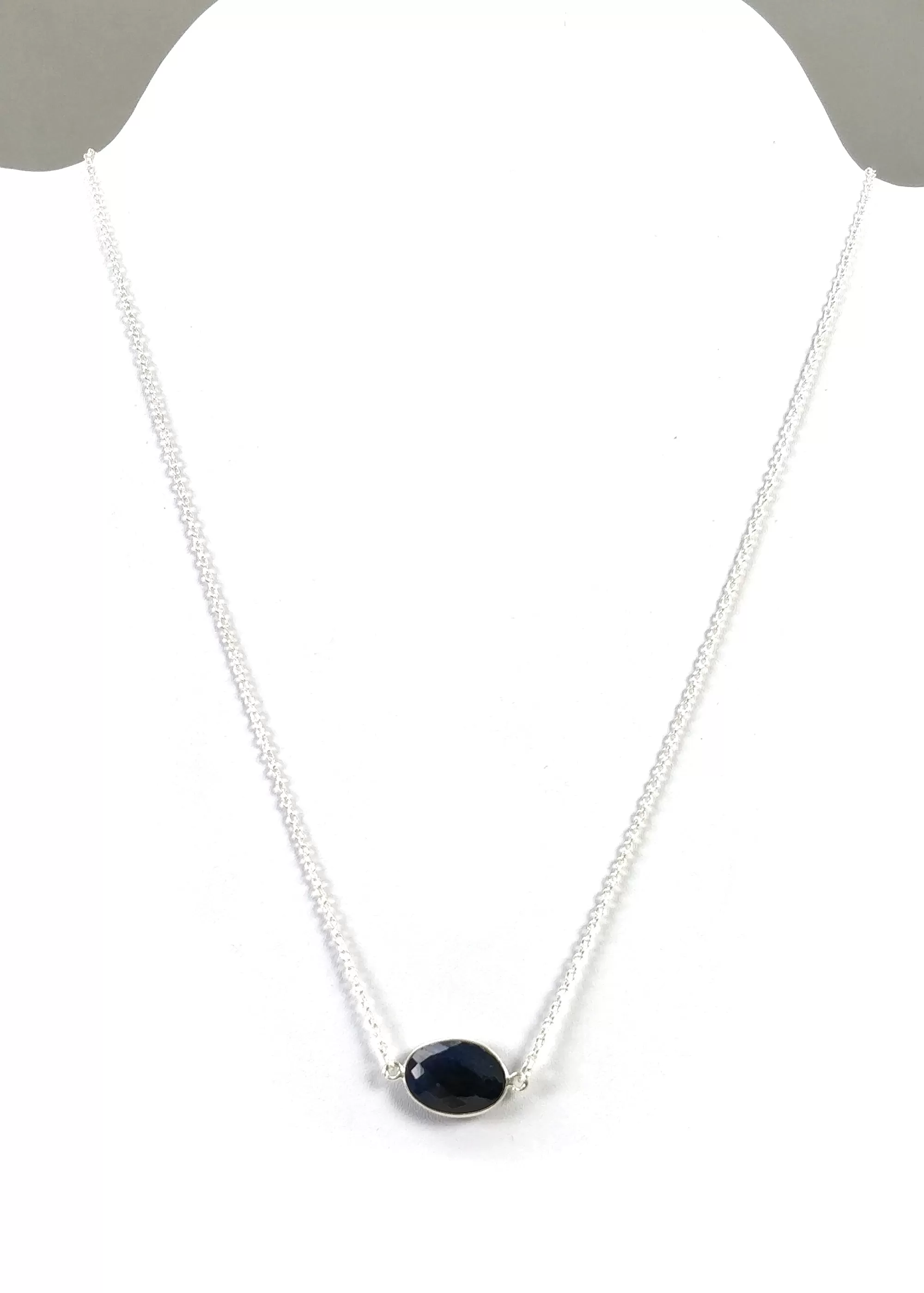 BLUE SAPPHIRE Gemstone Necklace : 18" 925 Sterling Silver Natural Sapphire Checker Cut Oval Shape Silver Chain Necklace For Women