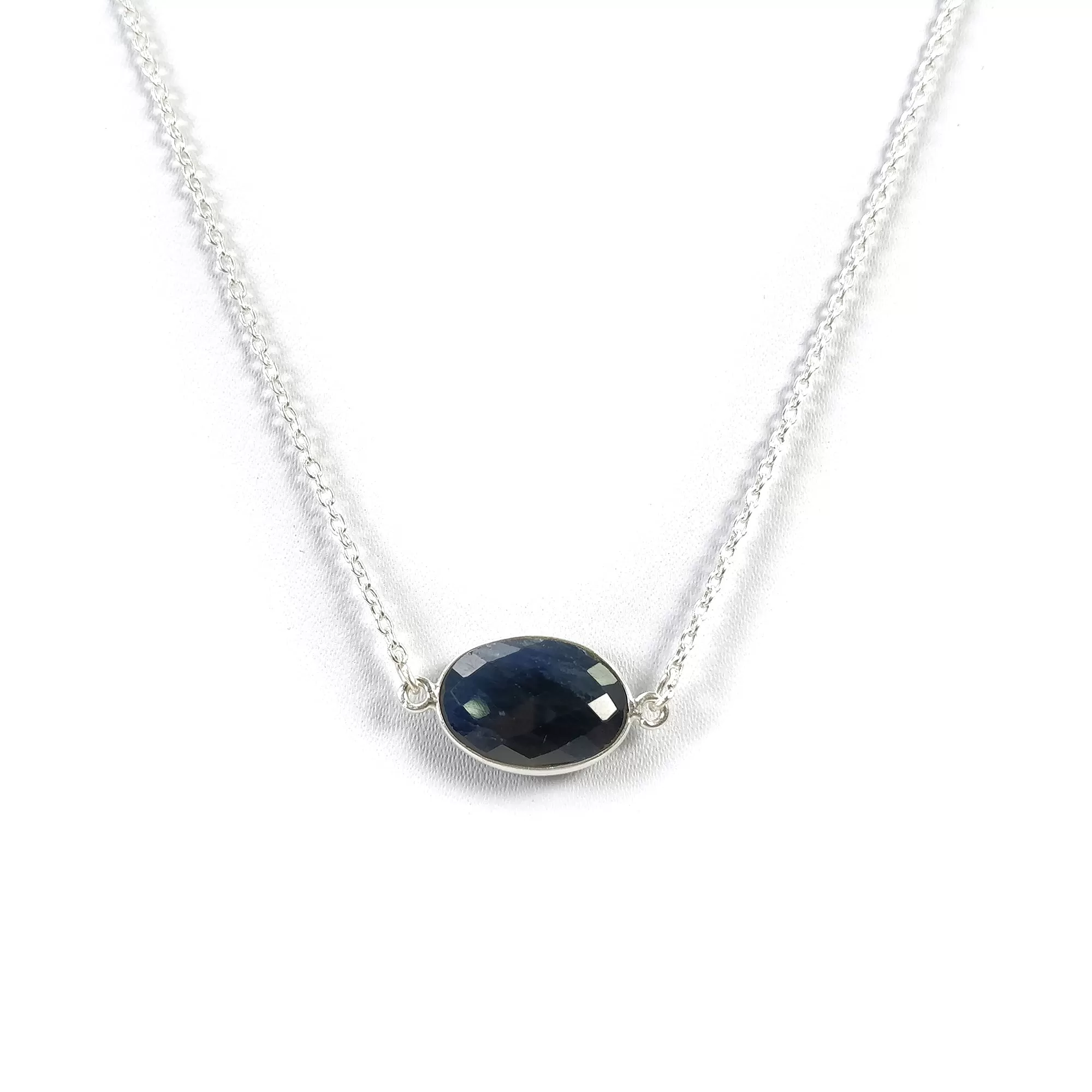 BLUE SAPPHIRE Gemstone Necklace : 18" 925 Sterling Silver Natural Sapphire Checker Cut Oval Shape Silver Chain Necklace For Women