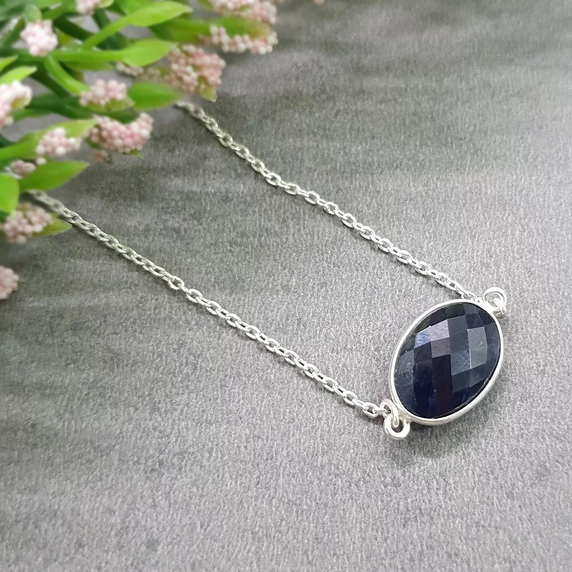 BLUE SAPPHIRE Gemstone Necklace : 18" 925 Sterling Silver Natural Sapphire Checker Cut Oval Shape Silver Chain Necklace For Women