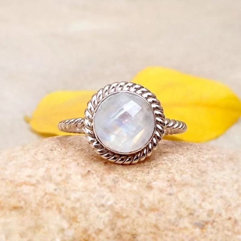 Boho Natural Rainbow Moonstone Faceted Cut Stone Ring,Handmade Gemstone Jewelry, Christmas Gift