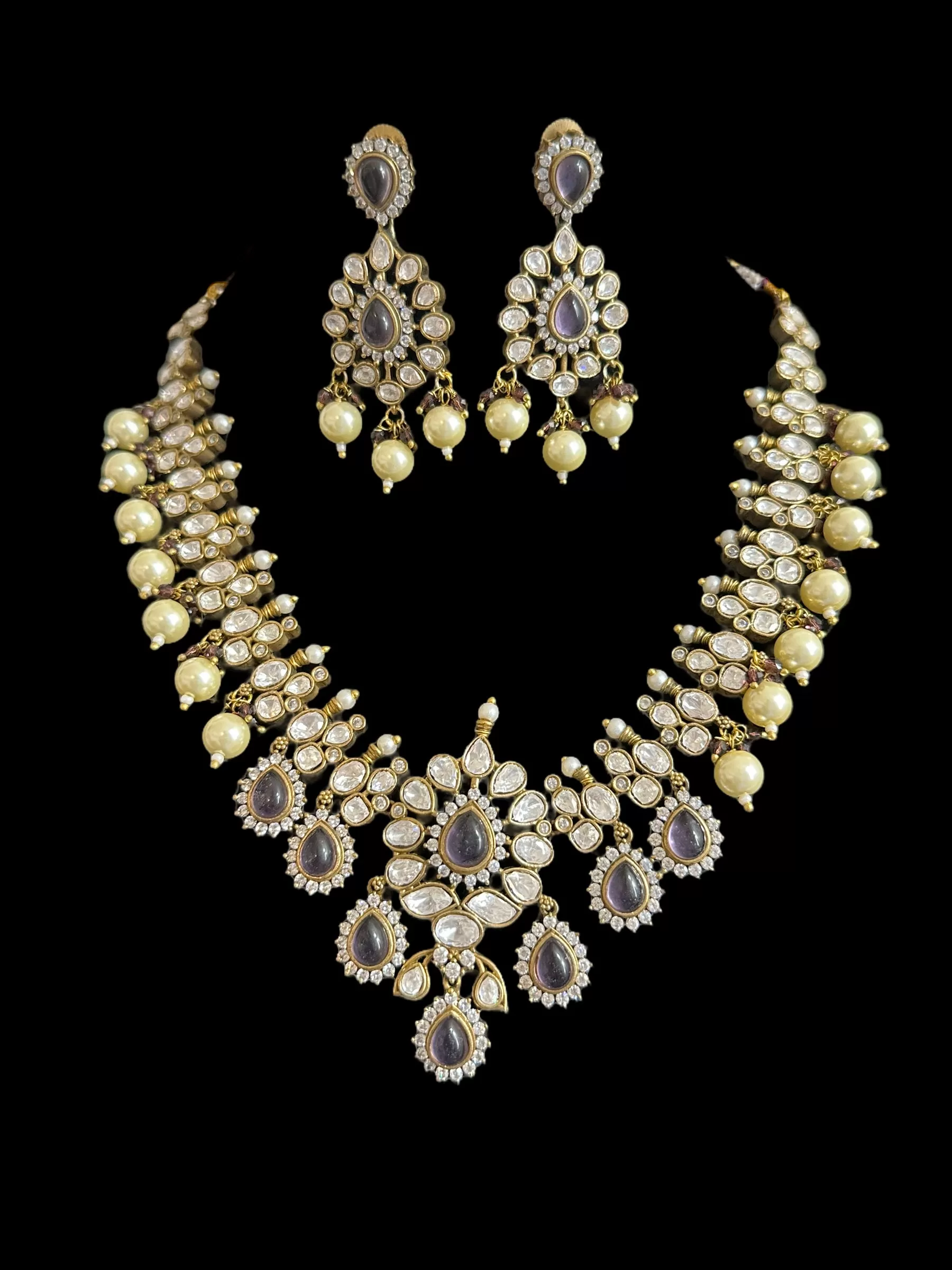 BR302 High quality Polki necklace set with tika - purple  ( READY TO SHIP )