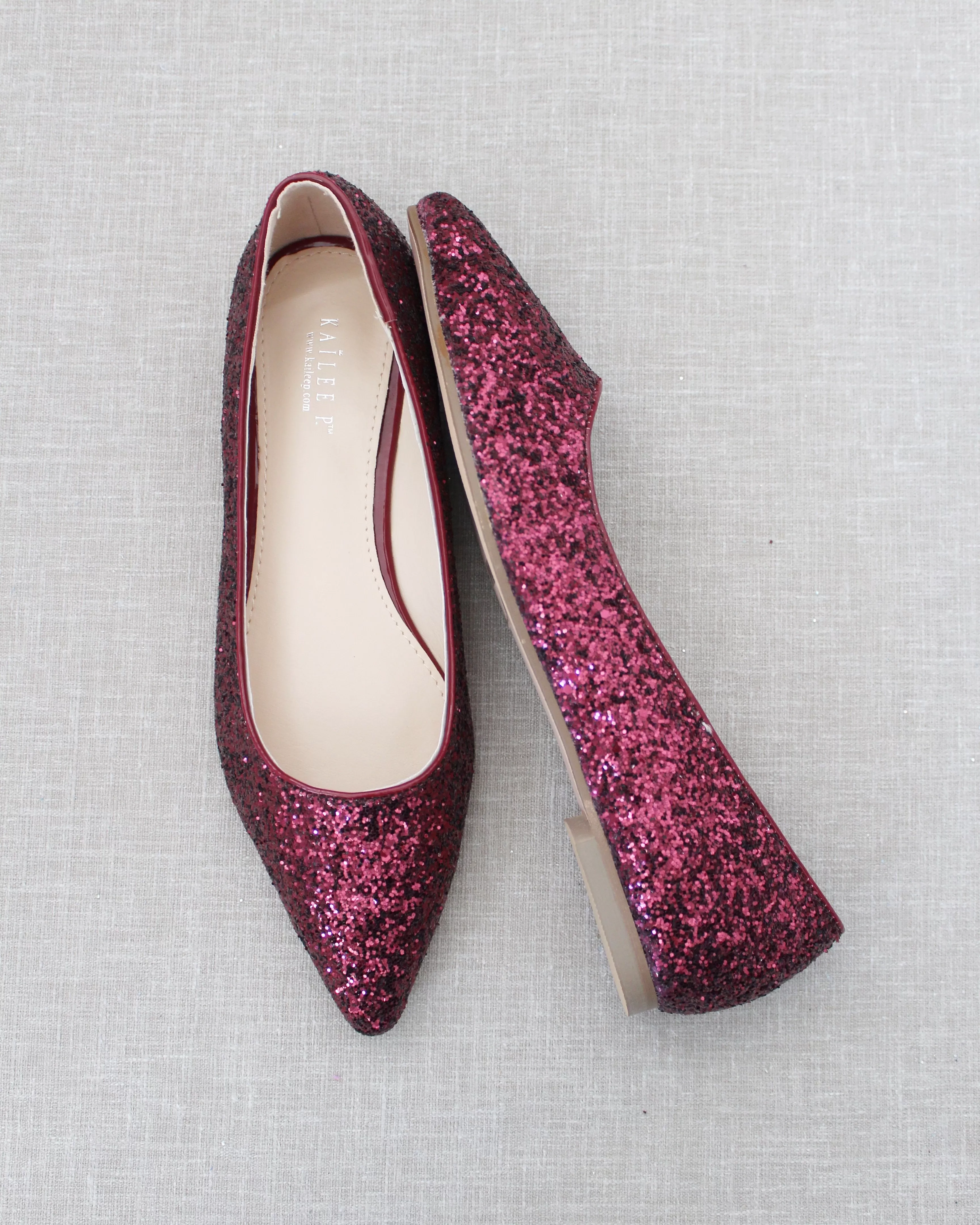 Burgundy Pointy Toe Glitter Flats