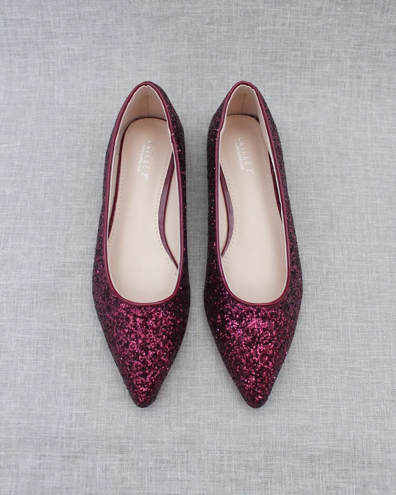 Burgundy Pointy Toe Glitter Flats