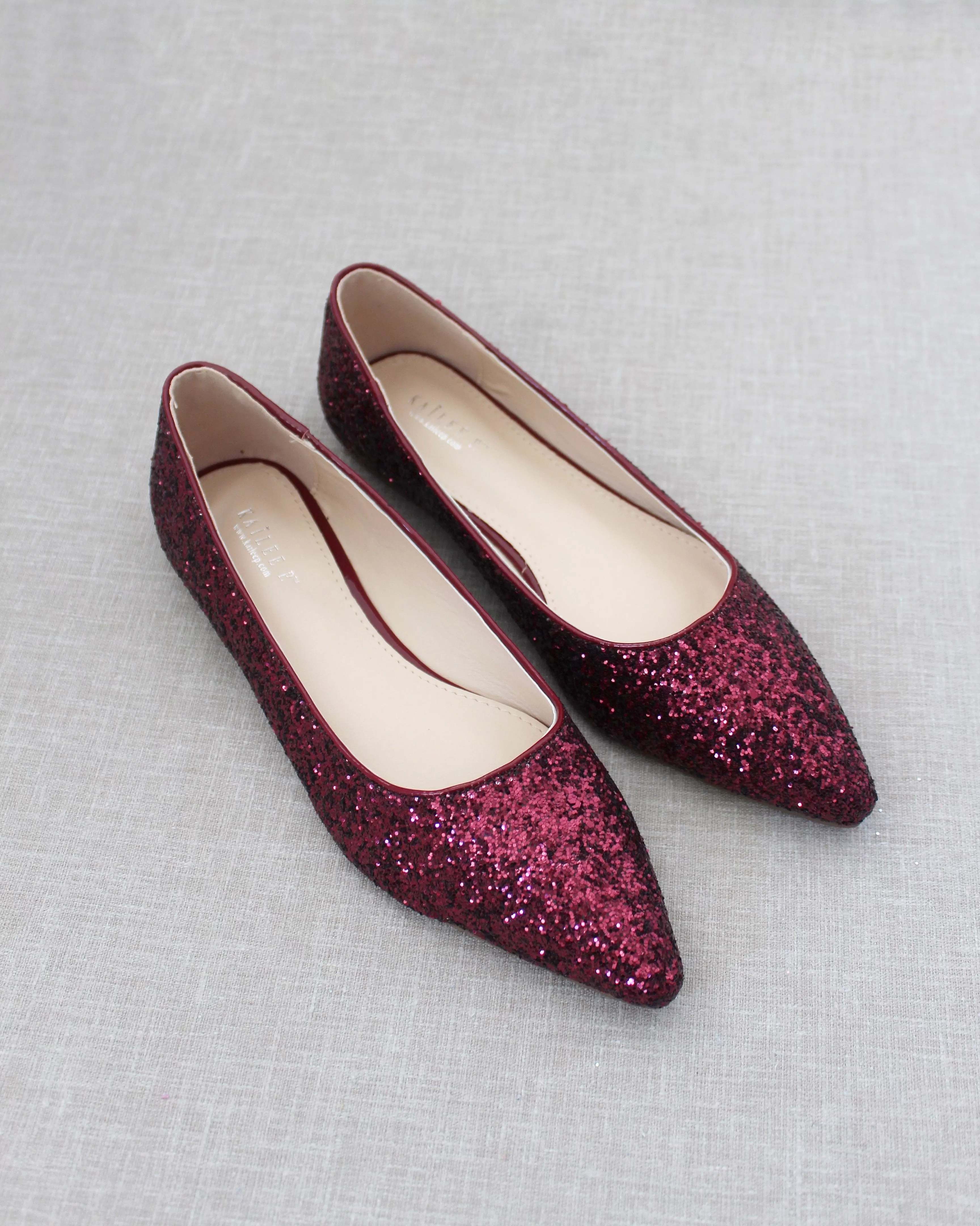 Burgundy Pointy Toe Glitter Flats