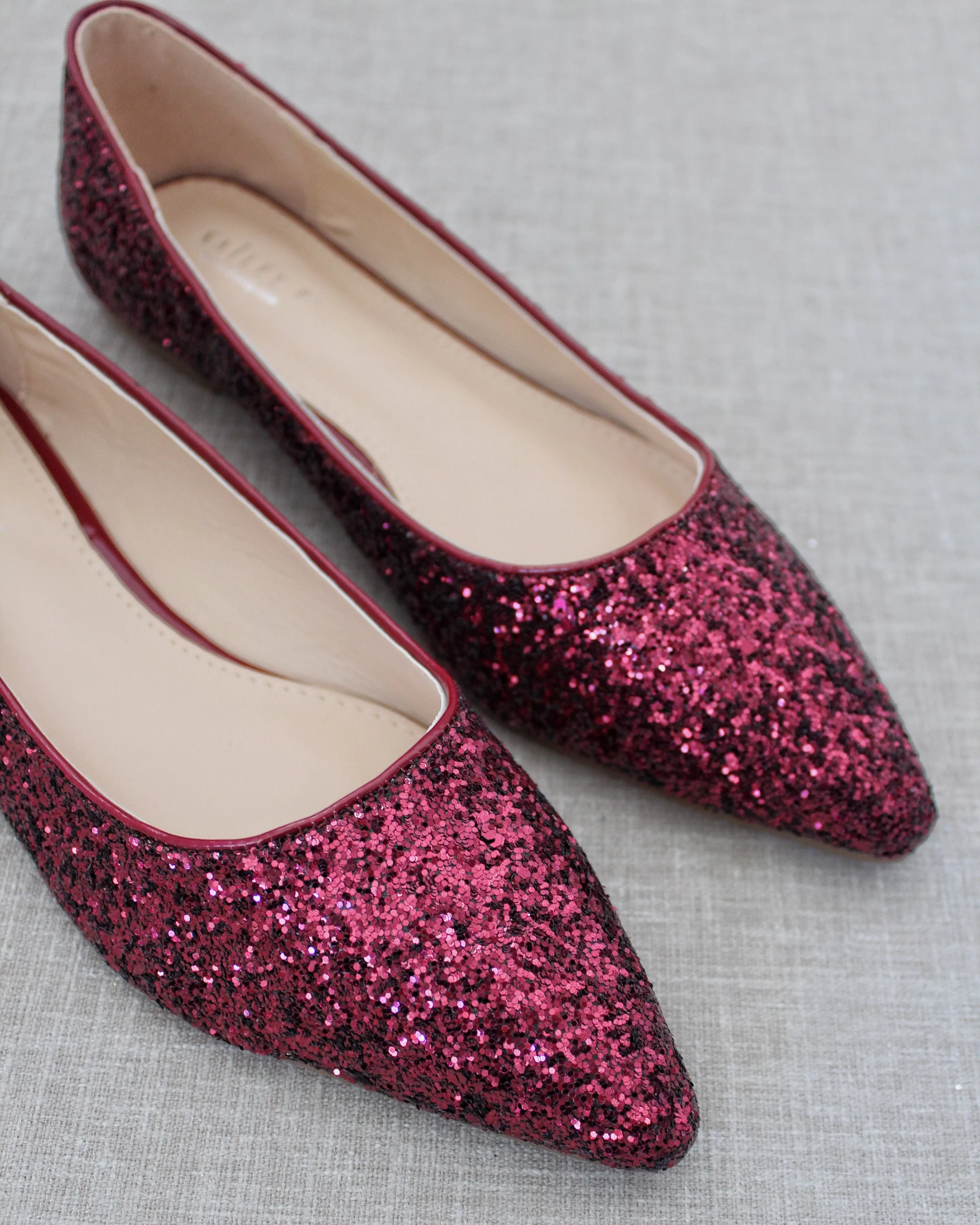 Burgundy Pointy Toe Glitter Flats