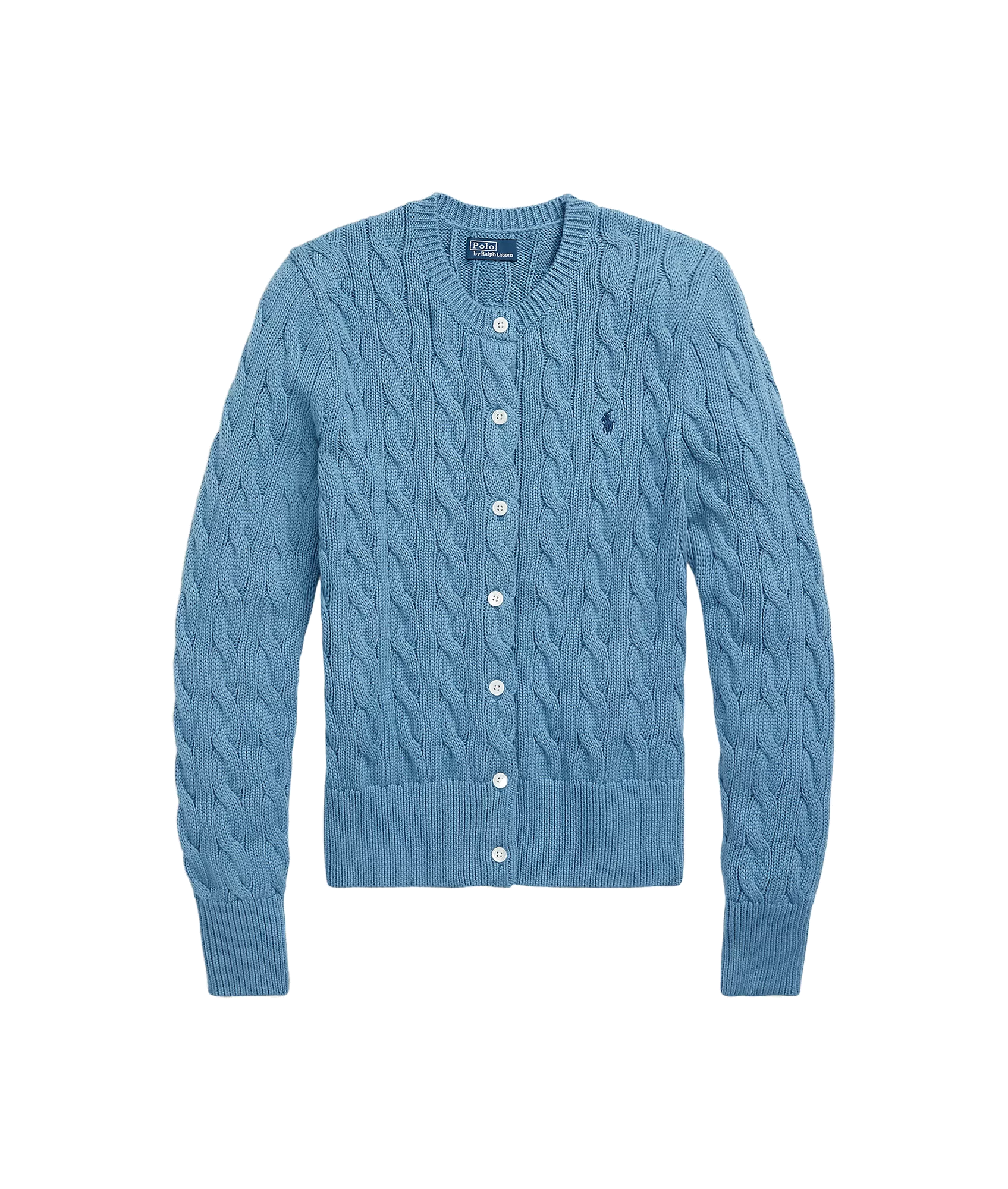 Cable-knit Cotton Crewneck Cardigan - Blue